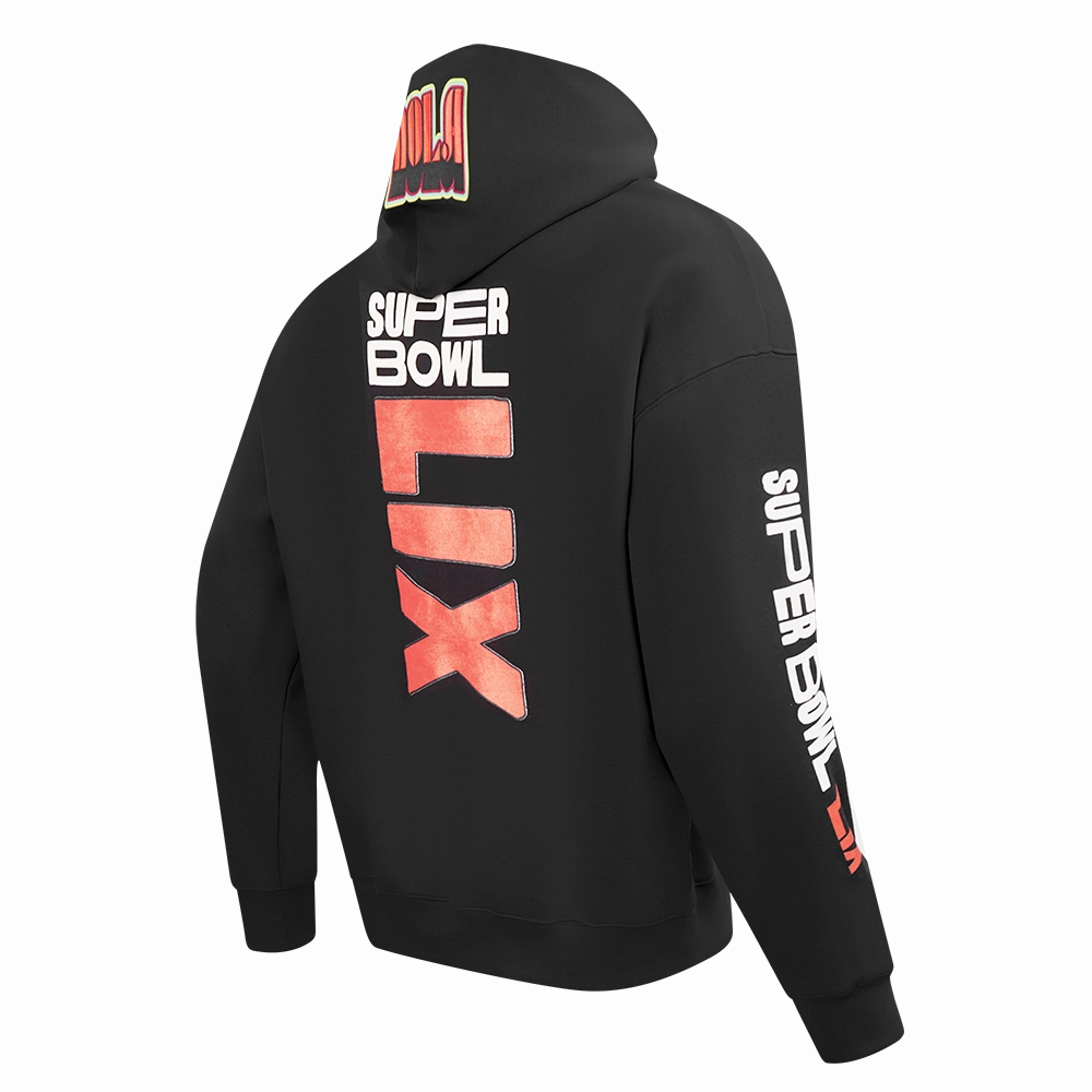 NFL SUPER BOWL 59 MEN'S DROP SHOULDER FLEECE PULLOVER HOODIE (BLACK)