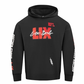 NFL SUPER BOWL 59 MEN'S DROP SHOULDER FLEECE PULLOVER HOODIE (BLACK)
