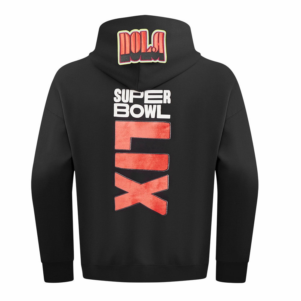 NFL SUPER BOWL 59 MEN'S DROP SHOULDER FLEECE PULLOVER HOODIE (BLACK)