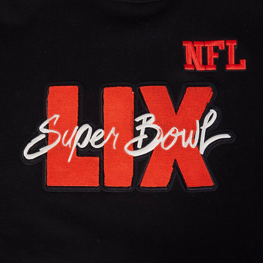 NFL SUPER BOWL 59 MEN'S DROP SHOULDER FLEECE PULLOVER HOODIE (BLACK)