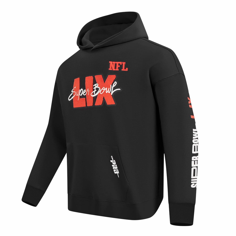 NFL SUPER BOWL 59 MEN'S DROP SHOULDER FLEECE PULLOVER HOODIE (BLACK)