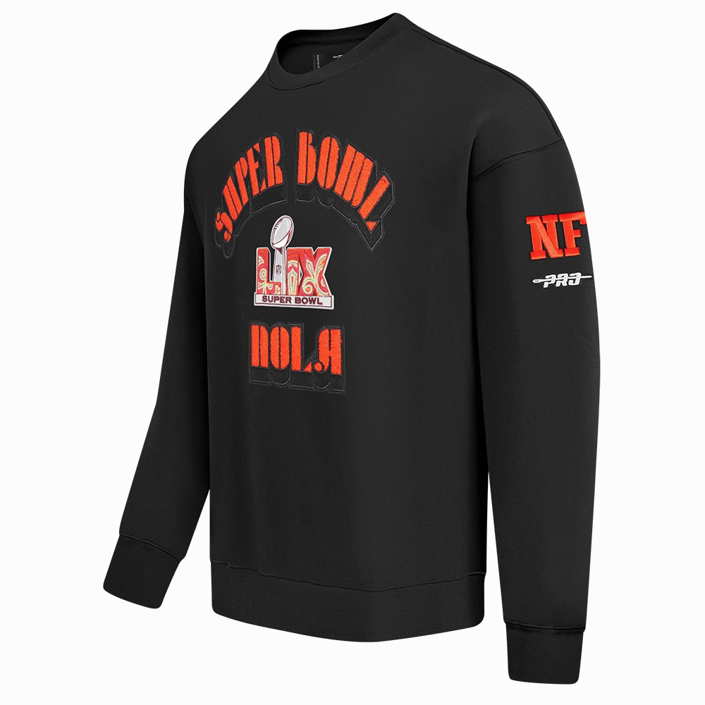 NFL SUPER BOWL 59 MEN'S NOLA DROP SHOULDER FLEECE CREWNECK (BLACK)