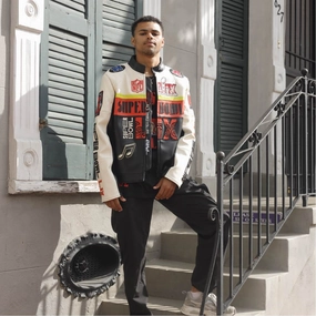 NFL SUPER BOWL 59 MEN'S PINNACLE MOTO LEATHER JACKET (EGGSHELL/ BLACK)