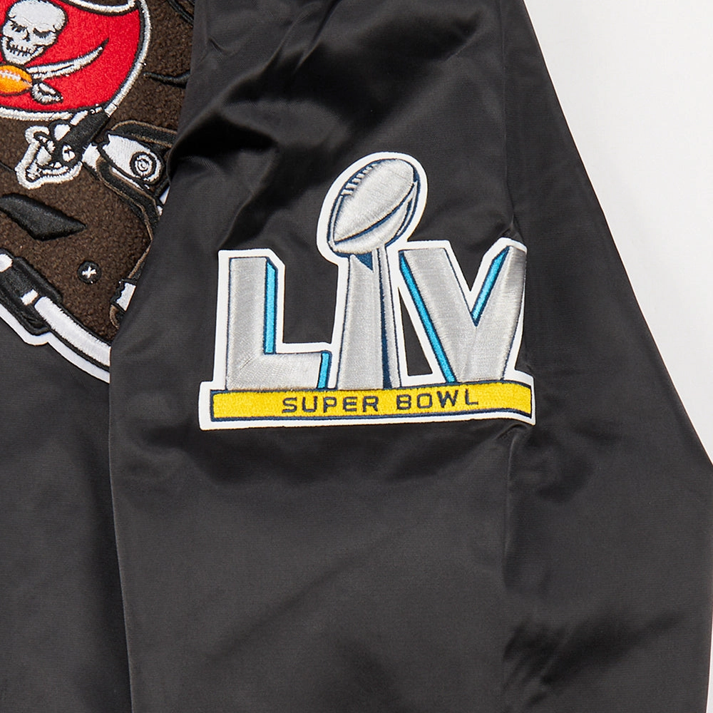 NFL TAMPA BAY BUCCANEERS MASHUP MEN'S RIB SATIN JACKET (BLACK/RED/BLACK)