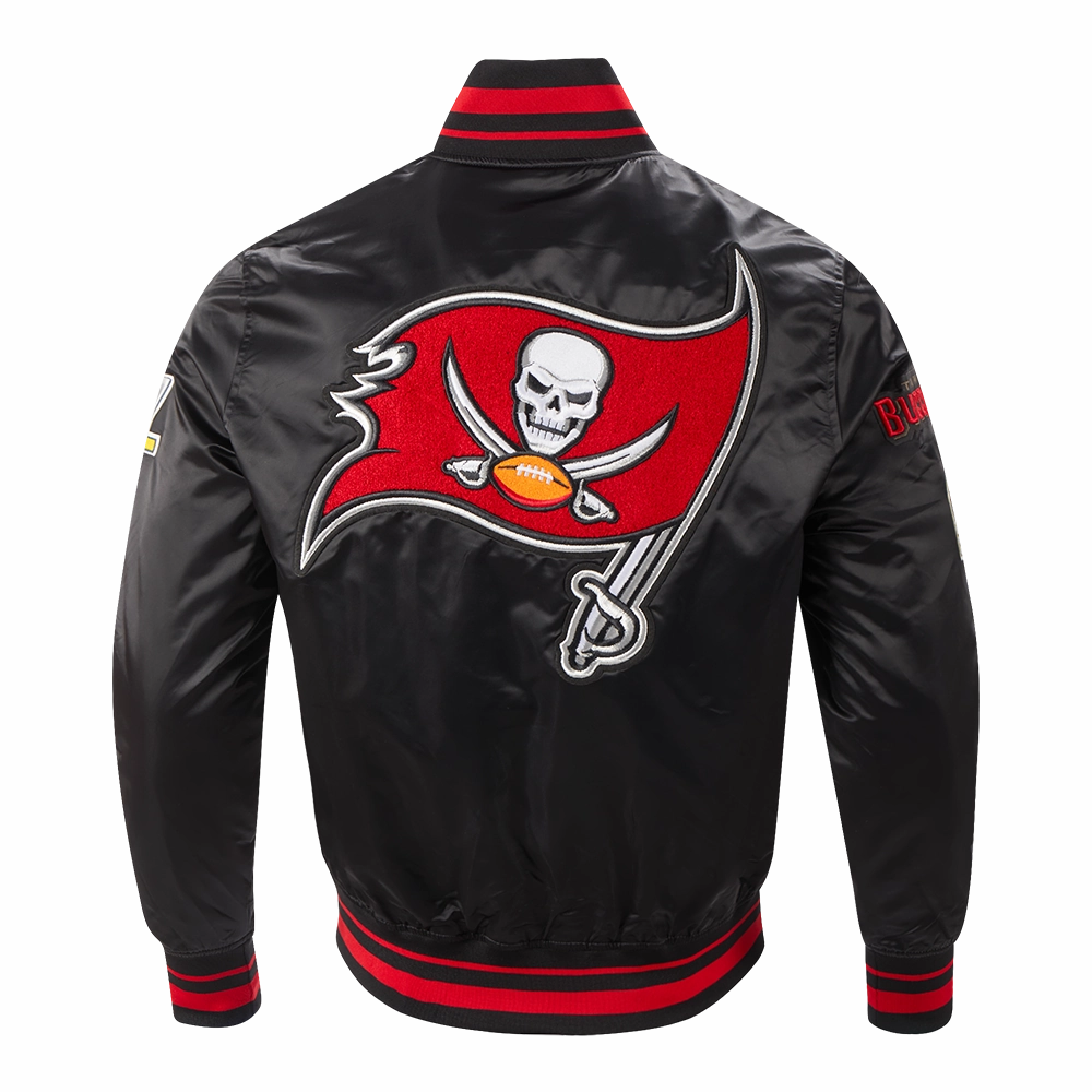 NFL TAMPA BAY BUCCANEERS MASHUP MEN'S RIB SATIN JACKET (BLACK/RED/BLACK)