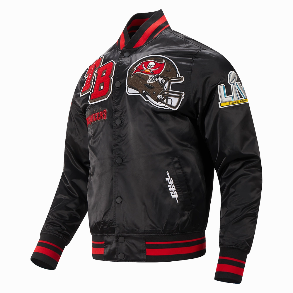 NFL TAMPA BAY BUCCANEERS MASHUP MEN'S RIB SATIN JACKET (BLACK/RED/BLACK)