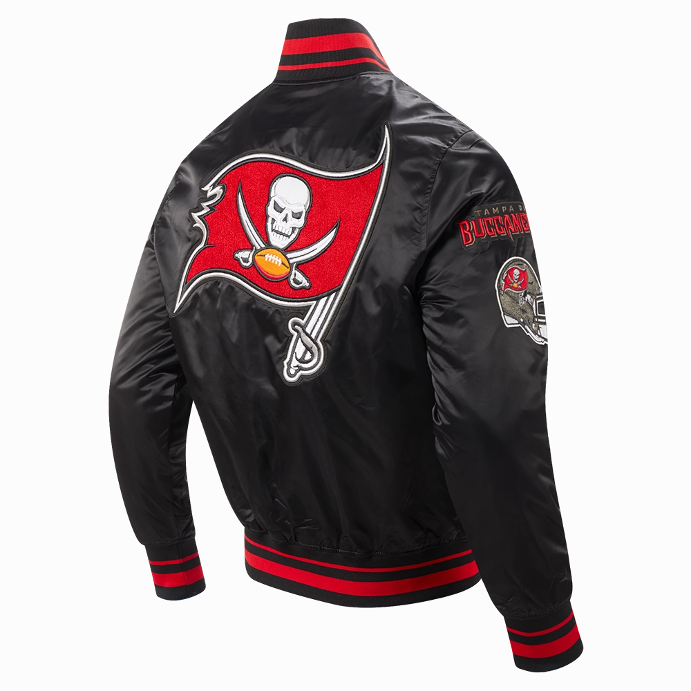 NFL TAMPA BAY BUCCANEERS MASHUP MEN'S RIB SATIN JACKET (BLACK/RED/BLACK)