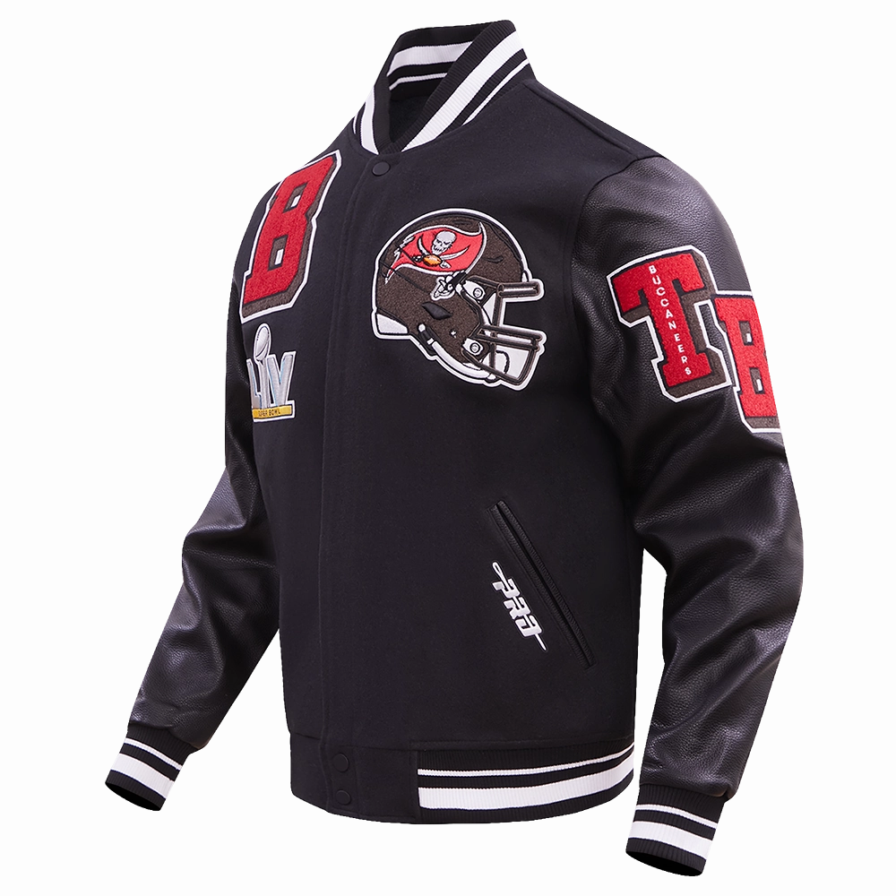 NFL TAMPA BAY BUCCANEERS MASHUP MEN'S RIB WOOL VARSITY JACKET (BLACK)