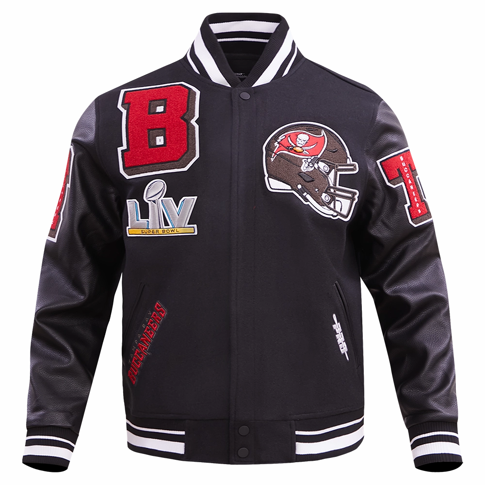 NFL TAMPA BAY BUCCANEERS MASHUP MEN'S RIB WOOL VARSITY JACKET (BLACK)