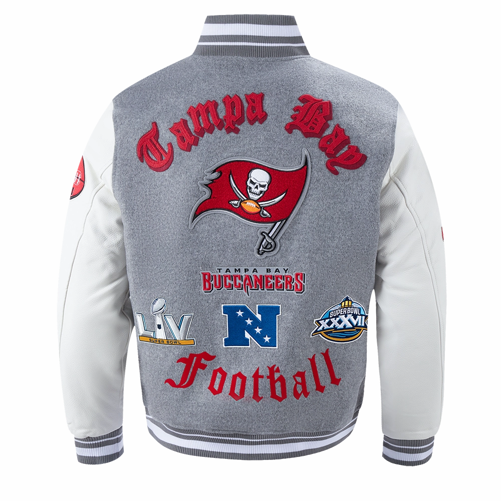 NFL TAMPA BAY BUCCANEERS OLD ENGLISH MEN'S RIB WOOL VARSITY JACKET (HEATHER GREY/WHITE)