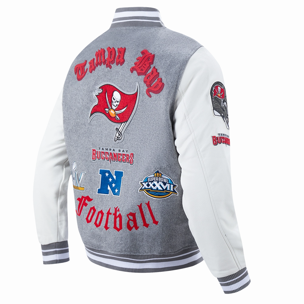 NFL TAMPA BAY BUCCANEERS OLD ENGLISH MEN'S RIB WOOL VARSITY JACKET (HEATHER GREY/WHITE)