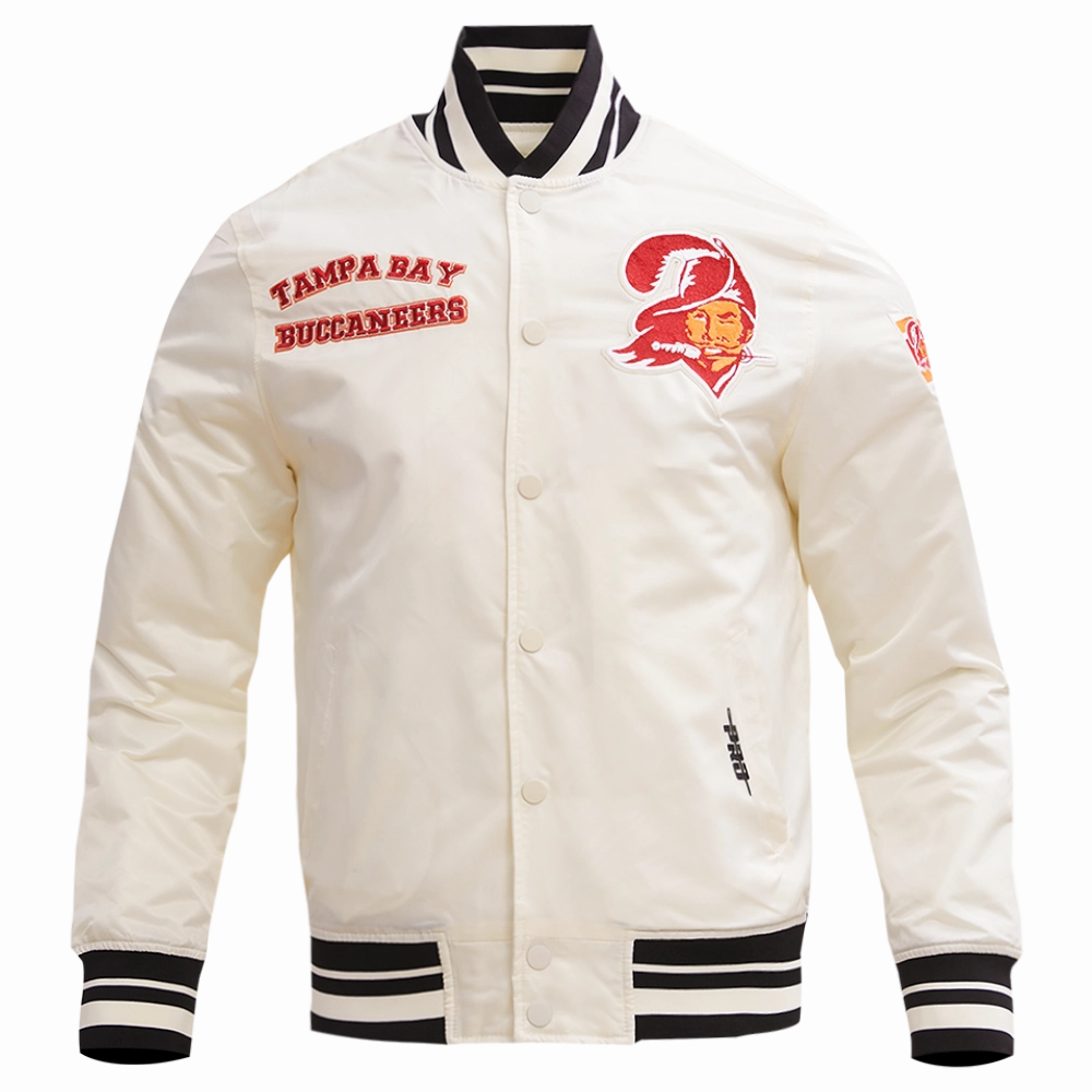 NFL TAMPA BAY BUCCANEERS RETRO CLASSIC MEN'S RIB SATIN JACKET (EGGSHELL/ BLACK)