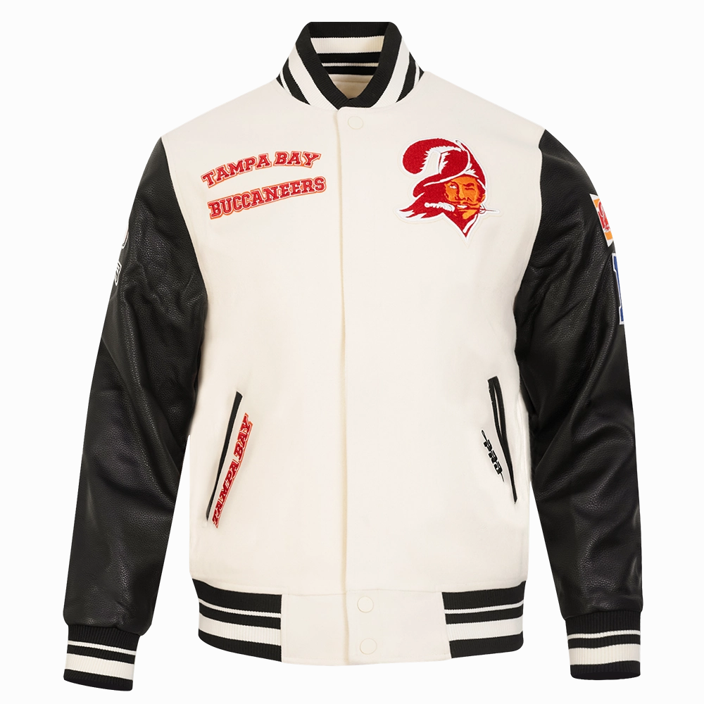 NFL TAMPA BAY BUCCANEERS RETRO CLASSIC MEN'S RIB WOOL VARSITY JACKET (EGGSHELL/ BLACK)