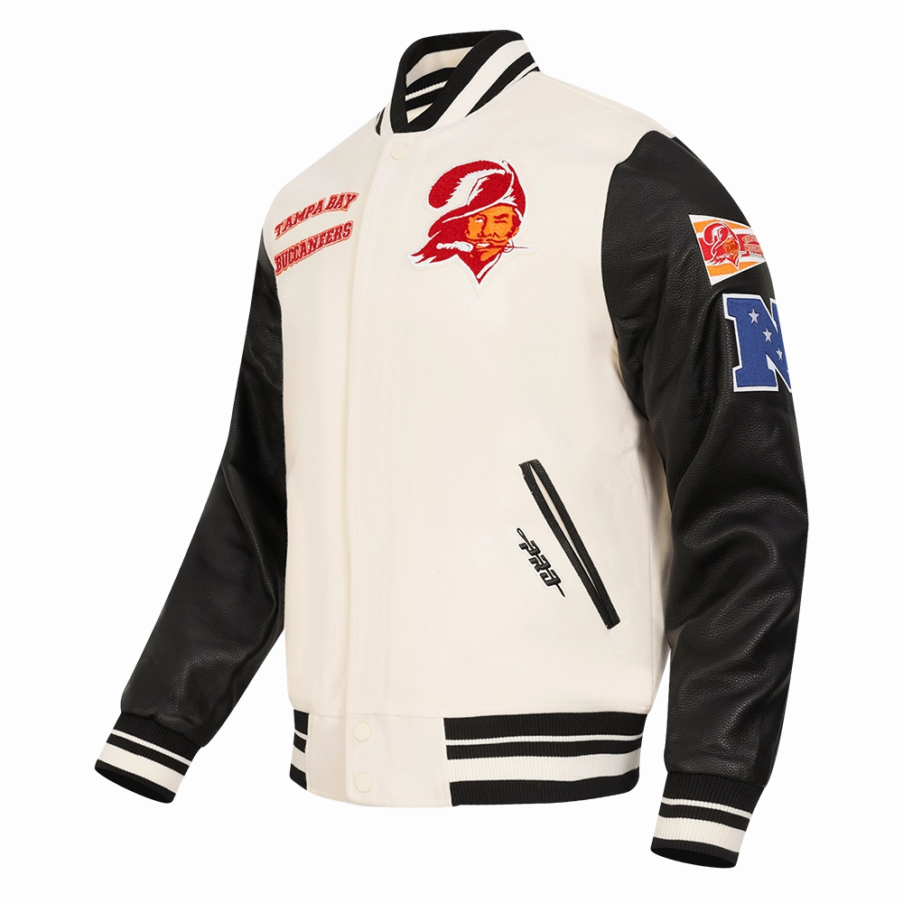 NFL TAMPA BAY BUCCANEERS RETRO CLASSIC MEN'S RIB WOOL VARSITY JACKET (EGGSHELL/ BLACK)