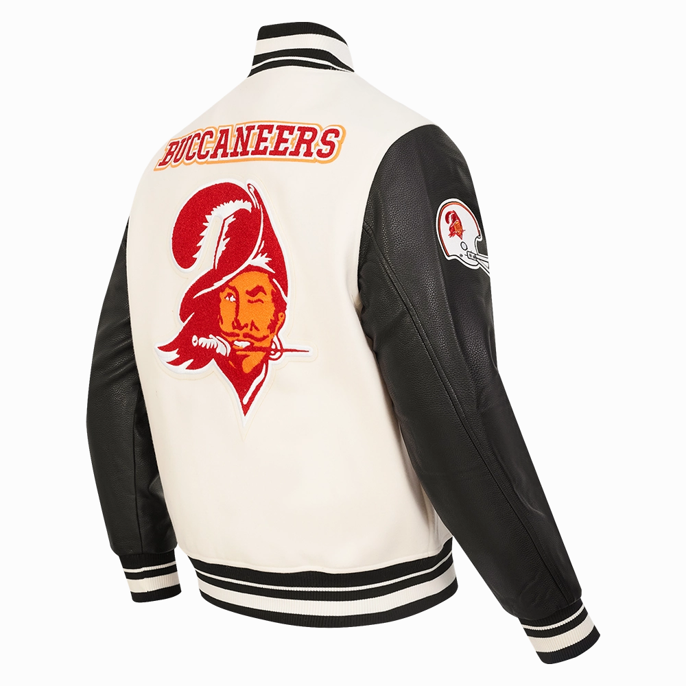 NFL TAMPA BAY BUCCANEERS RETRO CLASSIC MEN'S RIB WOOL VARSITY JACKET (EGGSHELL/ BLACK)