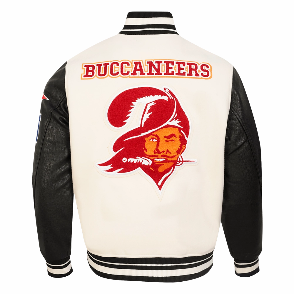 NFL TAMPA BAY BUCCANEERS RETRO CLASSIC MEN'S RIB WOOL VARSITY JACKET (EGGSHELL/ BLACK)
