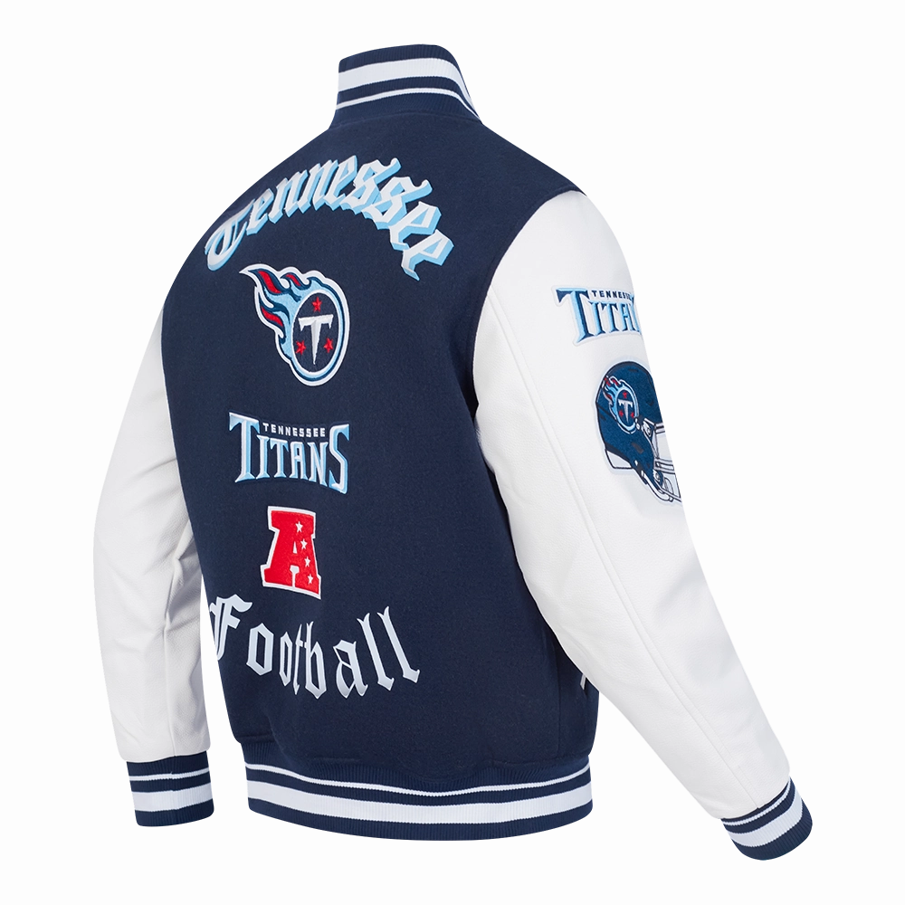 NFL TENNESSEE TITANS OLD ENGLISH MEN'S RIB WOOL VARSITY JACKET (MIDNIGHT NAVY/WHITE)