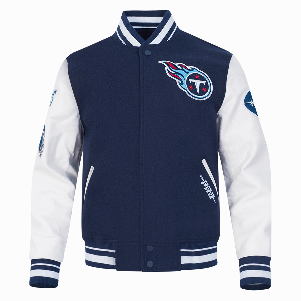 NFL TENNESSEE TITANS OLD ENGLISH MEN'S RIB WOOL VARSITY JACKET (MIDNIGHT NAVY/WHITE)