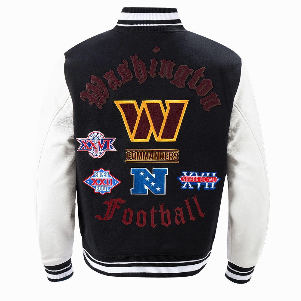 NFL WASHINGTON COMMANDERS OLD ENGLISH MEN'S RIB WOOL VARSITY JACKET (BLACK/WHITE)