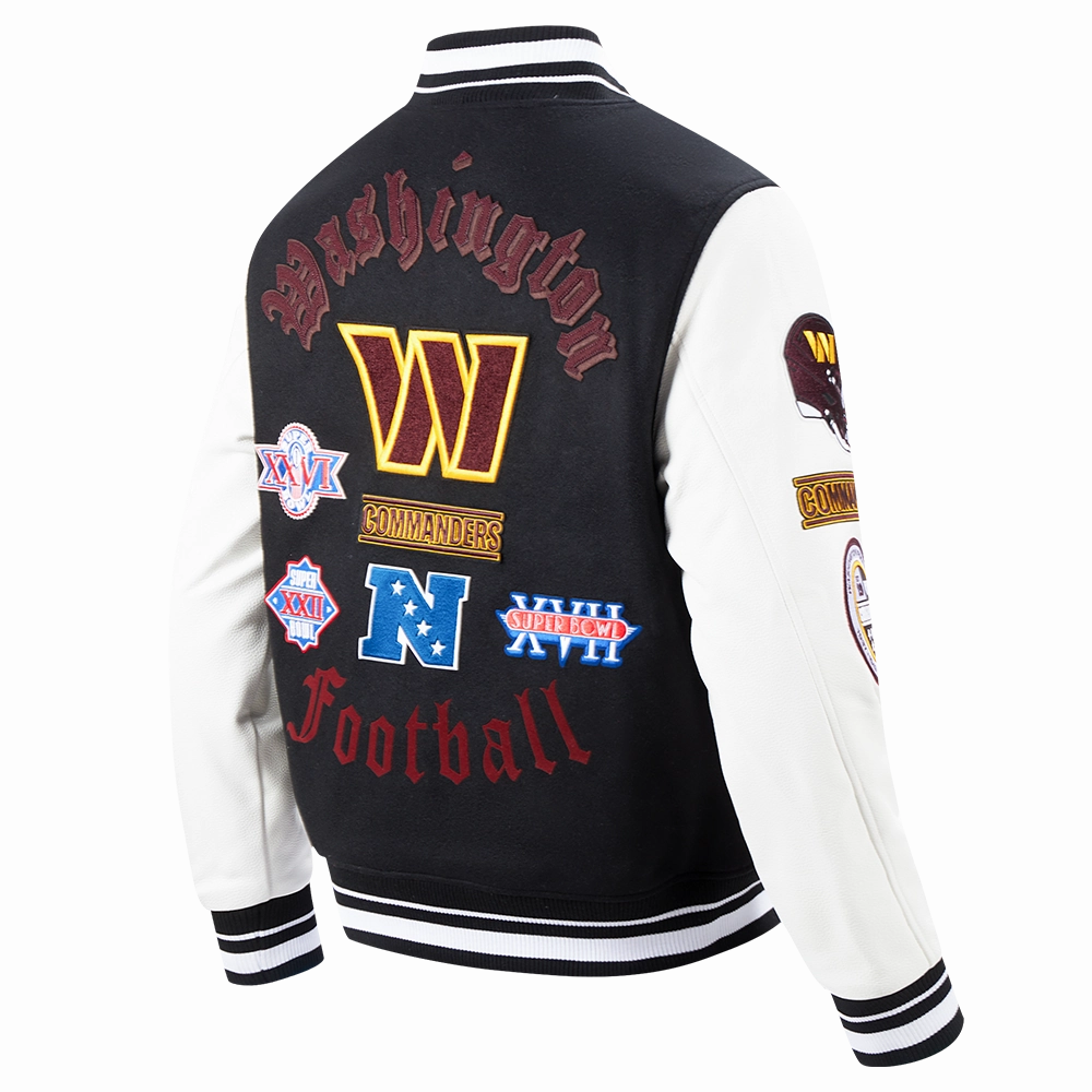 NFL WASHINGTON COMMANDERS OLD ENGLISH MEN'S RIB WOOL VARSITY JACKET (BLACK/WHITE)