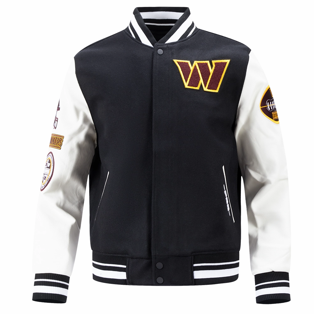 NFL WASHINGTON COMMANDERS OLD ENGLISH MEN'S RIB WOOL VARSITY JACKET (BLACK/WHITE)