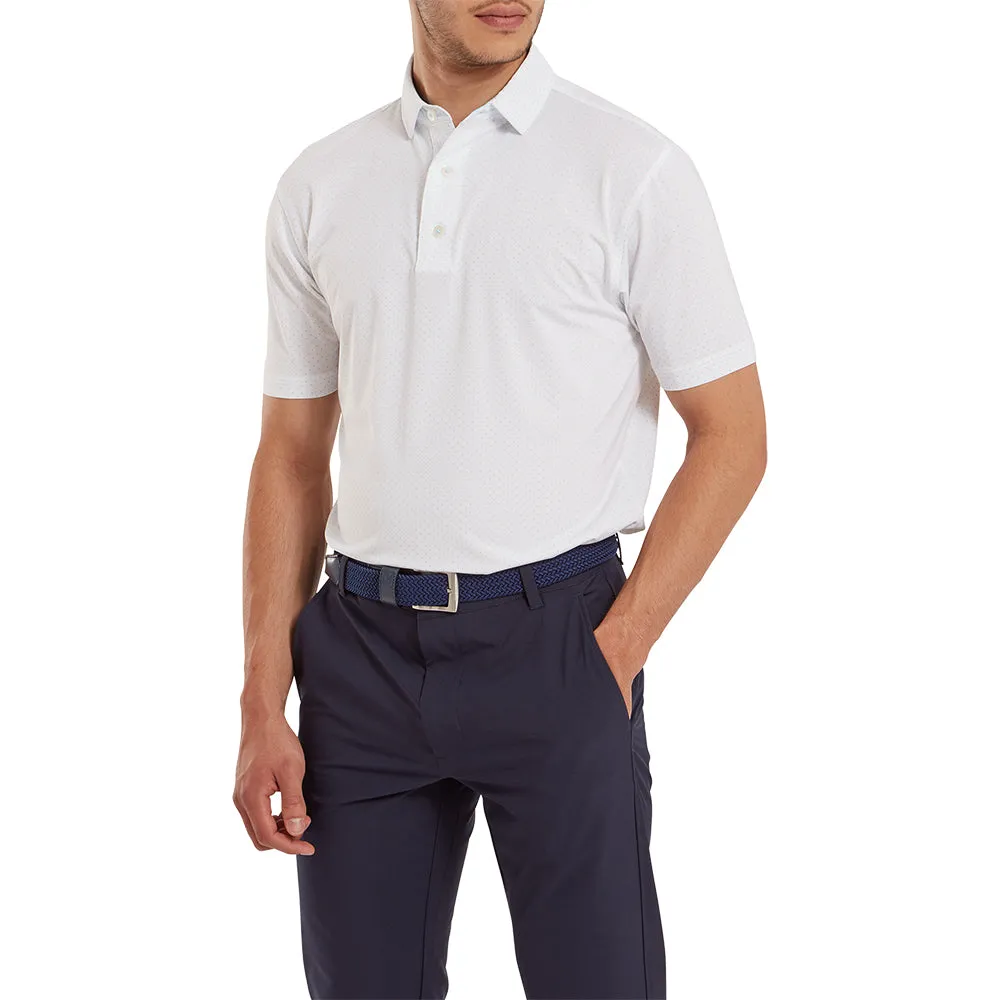 Footjoy Stretch Lisle Dot Print Polo Shirt - White/Light Blue Stride with Confidence