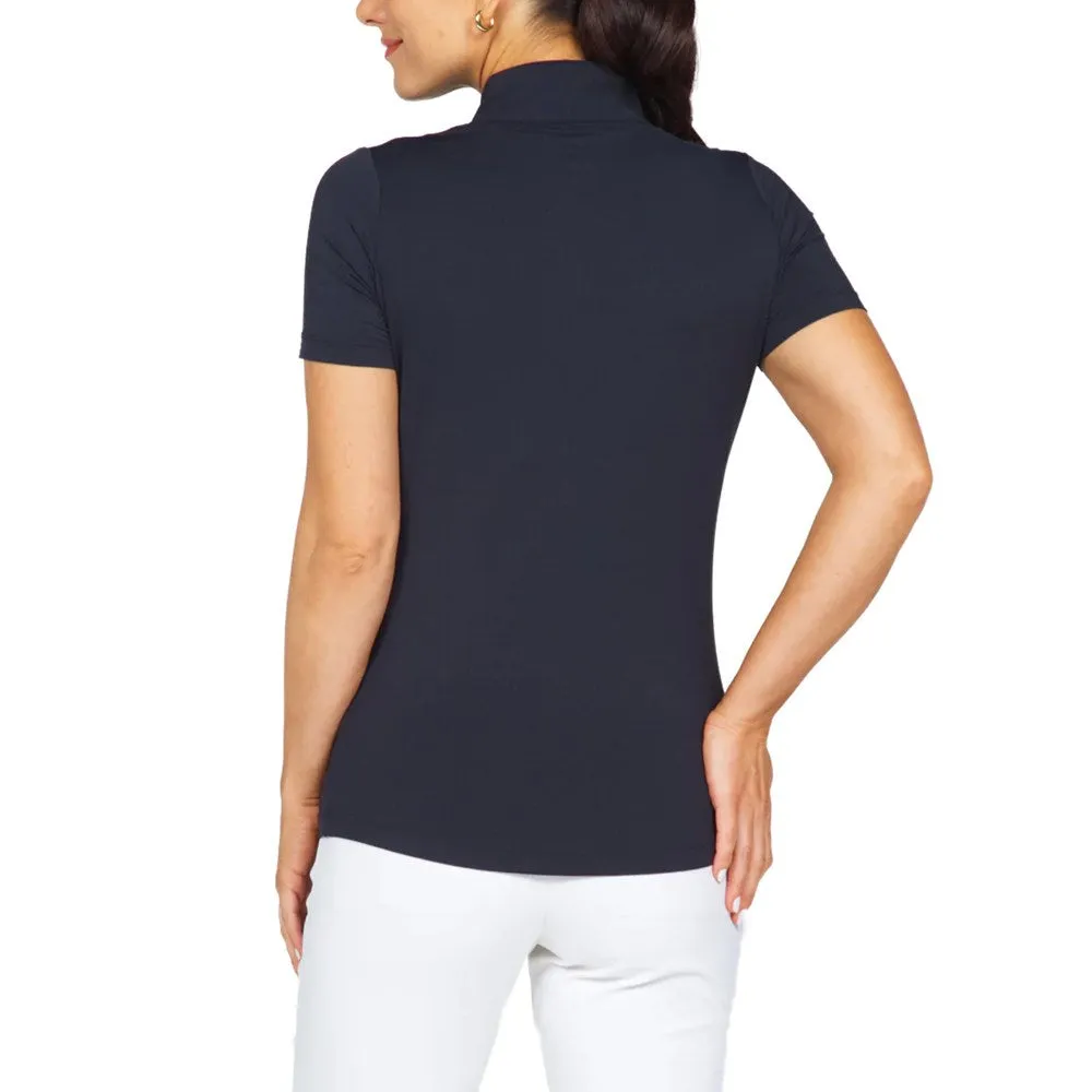 Ibkul Women'S Short Sleeve Zip Mock Neck Polo - Black Walk Tall Walk Loud