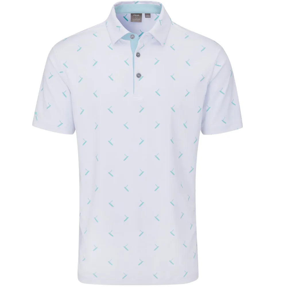 Ping Gold Putter Printed Polo Shirt - White/Aruba Blue Multi Clearance Sale