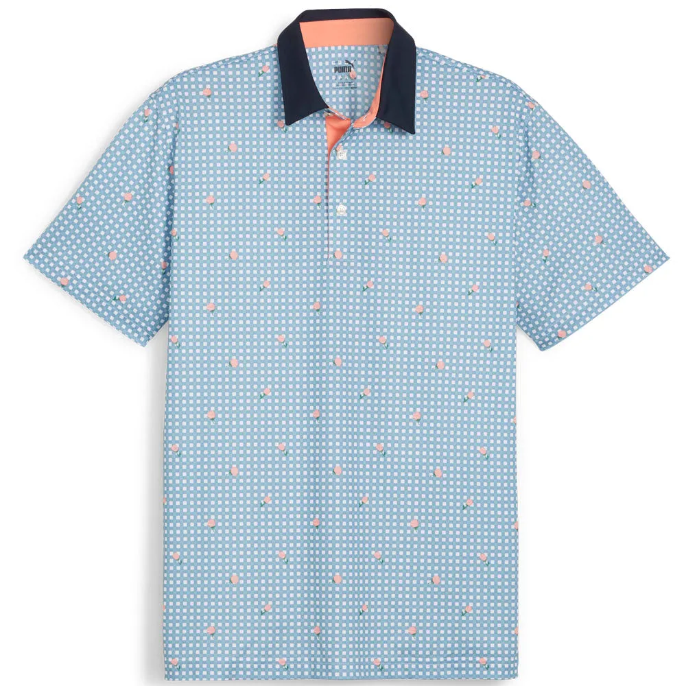 Define Your Own Way Puma Pique Gingham Solid Polo Shirt - White Glow/Zen Blue