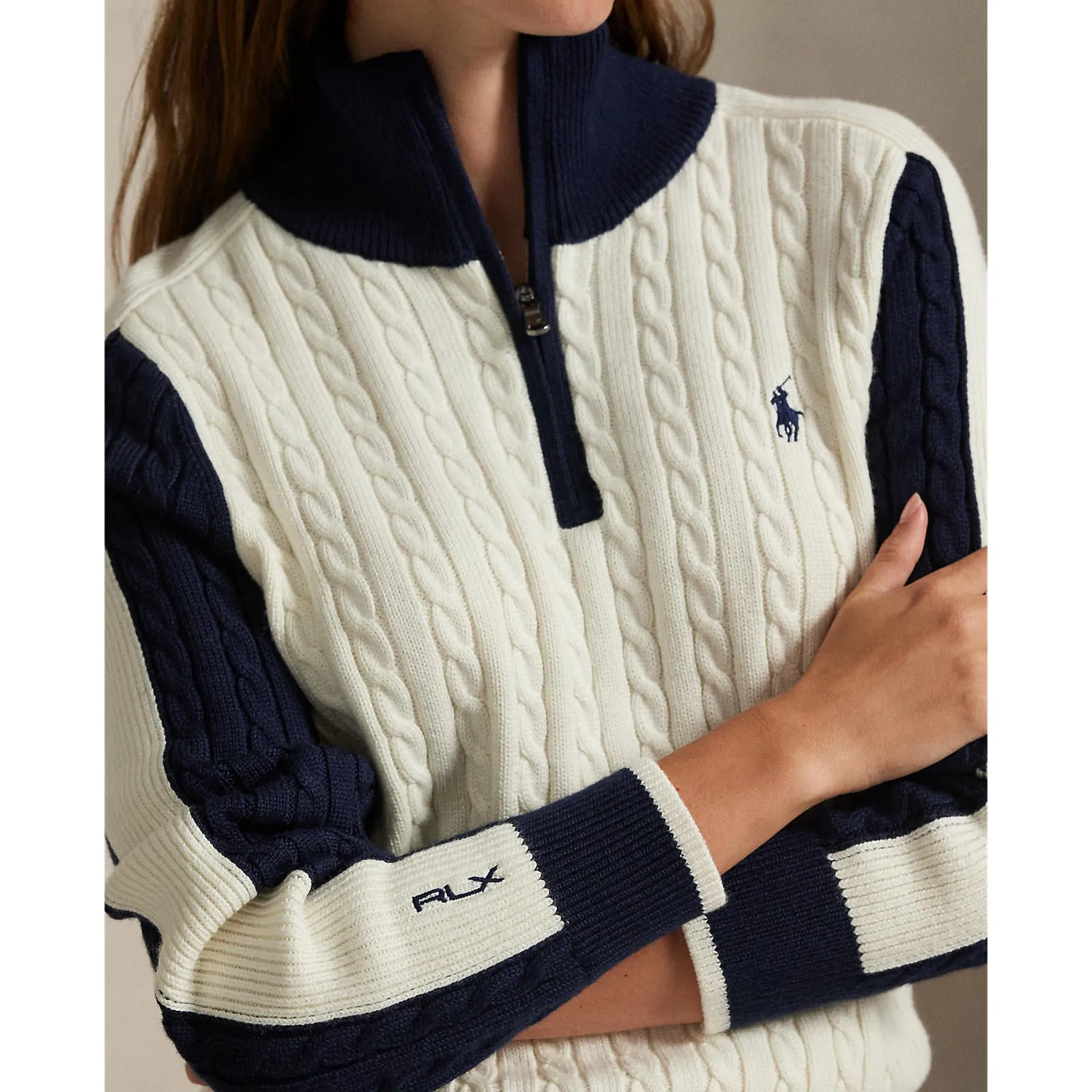 Rlx Ralph Lauren Women'S Cable Knit Quarter Zip Pullover - Antique White/Refined Navy Cyber Monday Sale