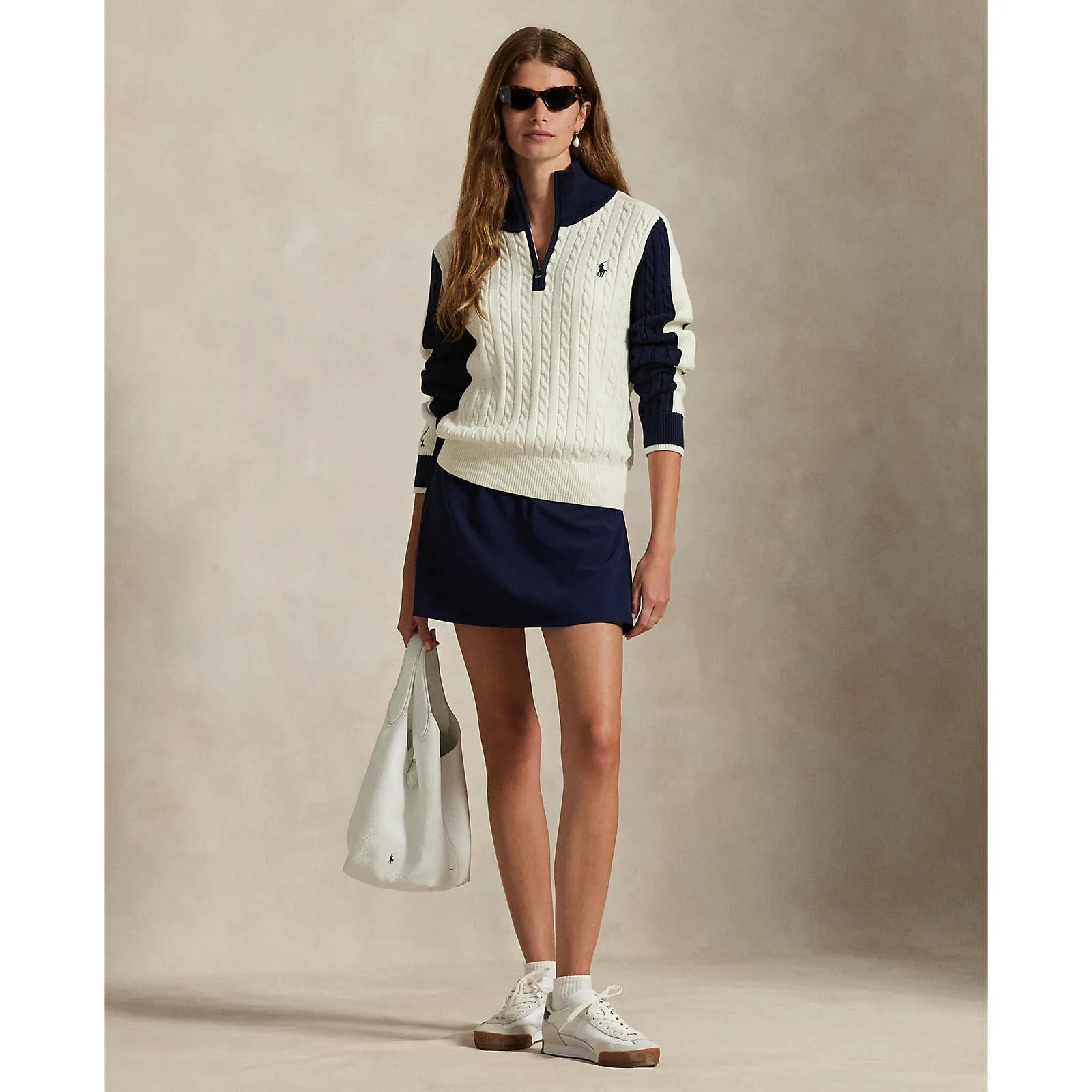 Autumn Sale Built to Perform Rlx Ralph Lauren Women'S Cable Knit Quarter Zip Pullover - Antique White/Refined Navy