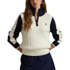 Rlx Ralph Lauren Women'S Cable Knit Quarter Zip Pullover - Antique White/Refined Navy Autumn Sale