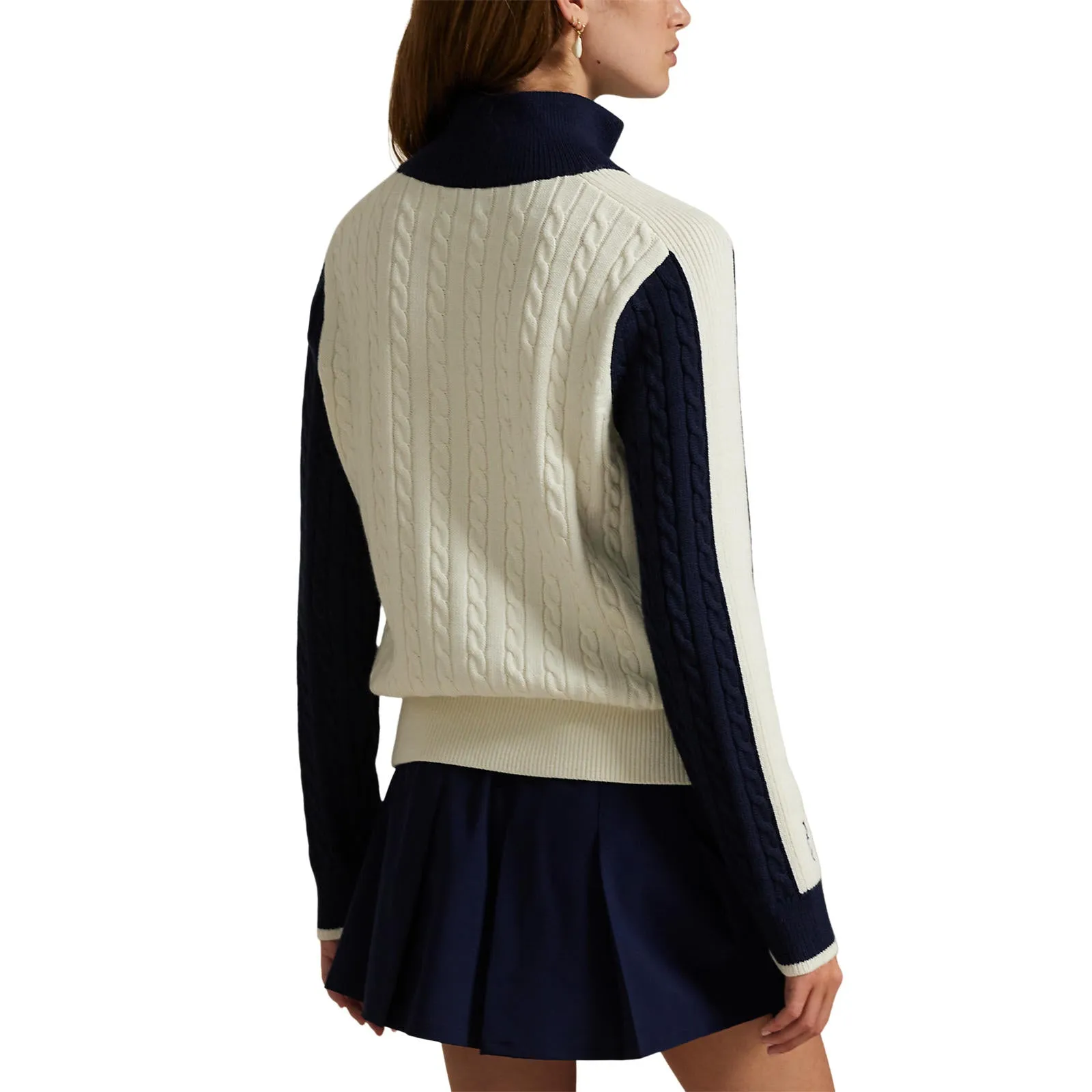 Rlx Ralph Lauren Women'S Cable Knit Quarter Zip Pullover - Antique White/Refined Navy Economical