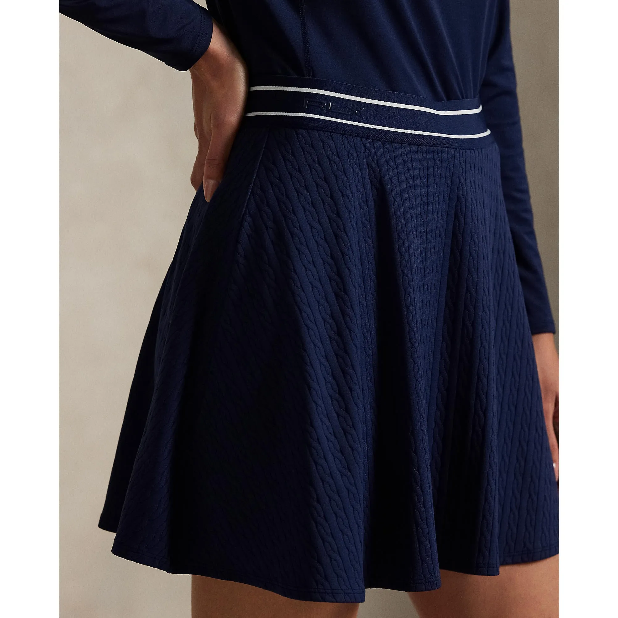 Chase What Moves You Rlx Ralph Lauren Women'S Active Cable Knit A-Line Golf Skort - Refined Navy/Ceramic White Multi
