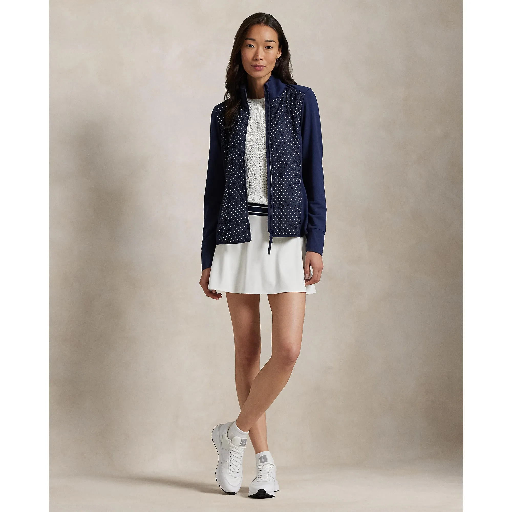 Rlx Ralph Lauren Women'S Cool Wool Hybrid Performance Full-Zip Jacket - Refined Navy Polka Dot Built to Move You