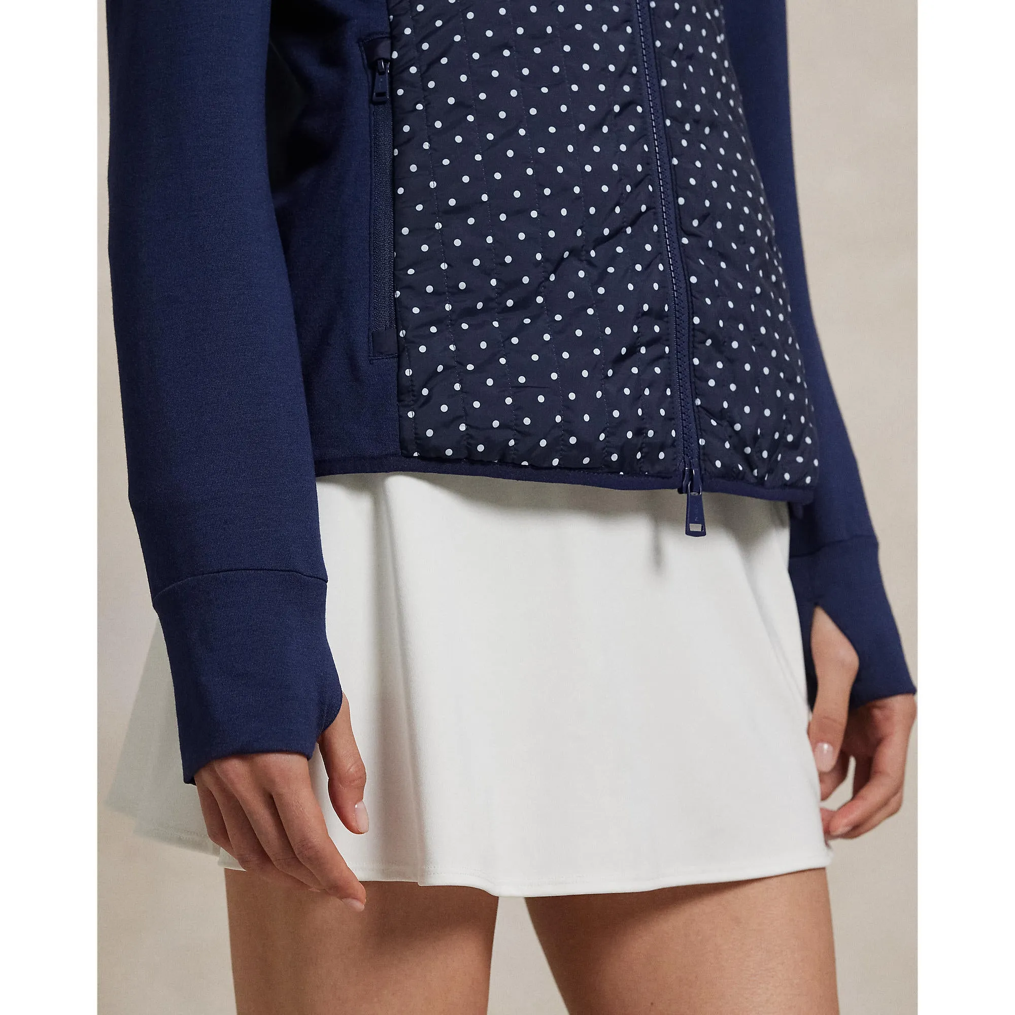 Unleash Your Power Own Every Step Rlx Ralph Lauren Women'S Cool Wool Hybrid Performance Full-Zip Jacket - Refined Navy Polka Dot