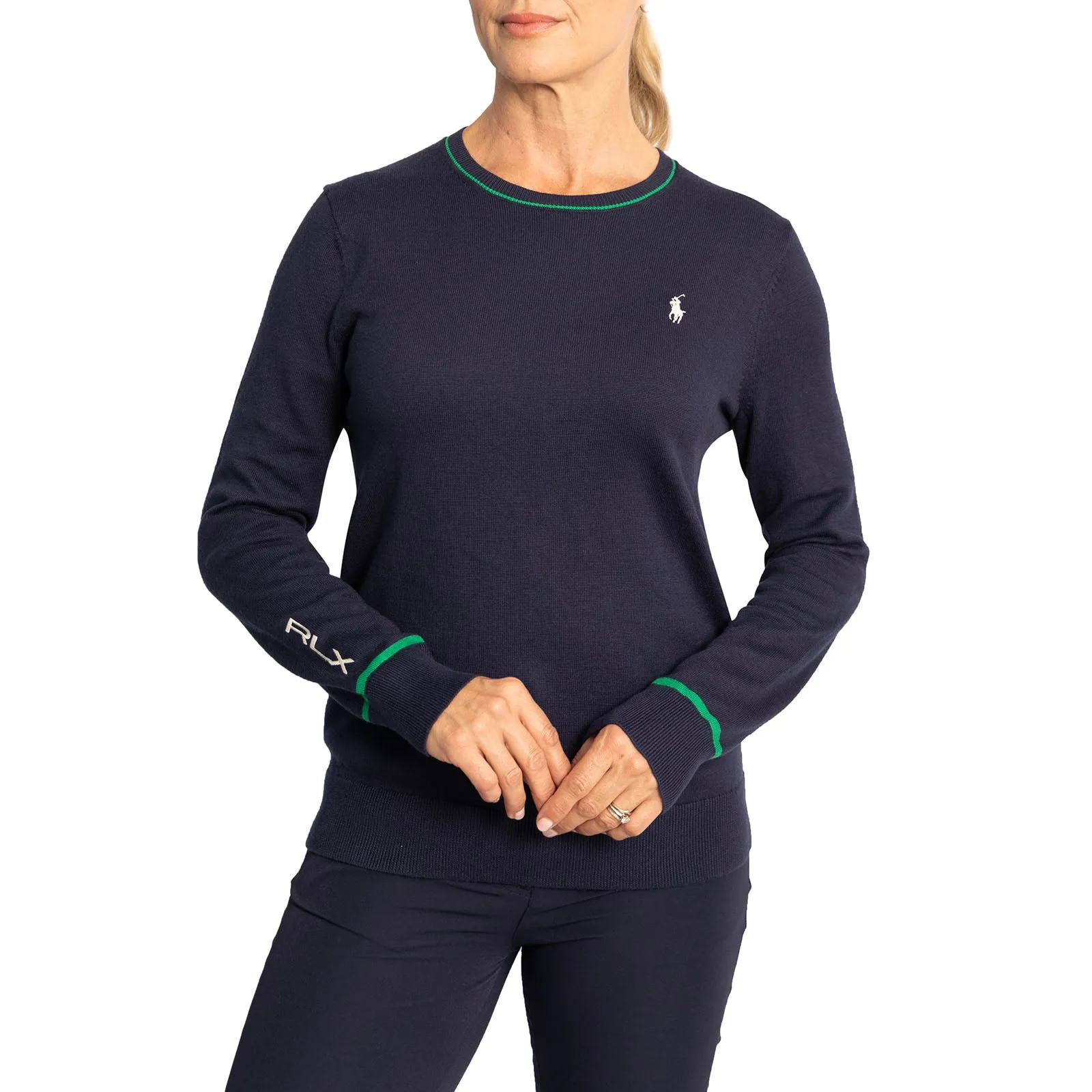 Rlx Ralph Lauren Women'S Cotton Blend Knit Pullover - French Navy/Cruise Green Never Just Walk