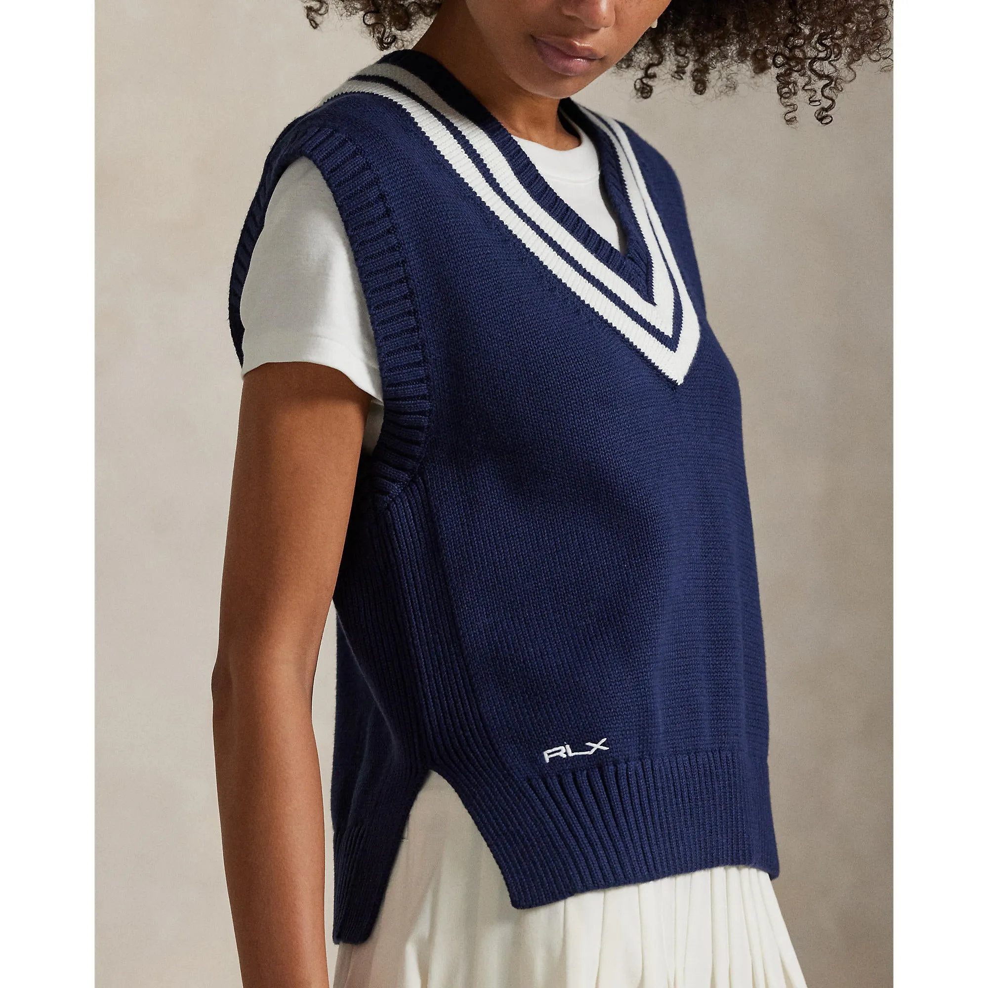 Step into the Beat Walk with Purpose Rlx Ralph Lauren Women'S Cotton V Neck Sweater - Refined Navy/Ceramic White