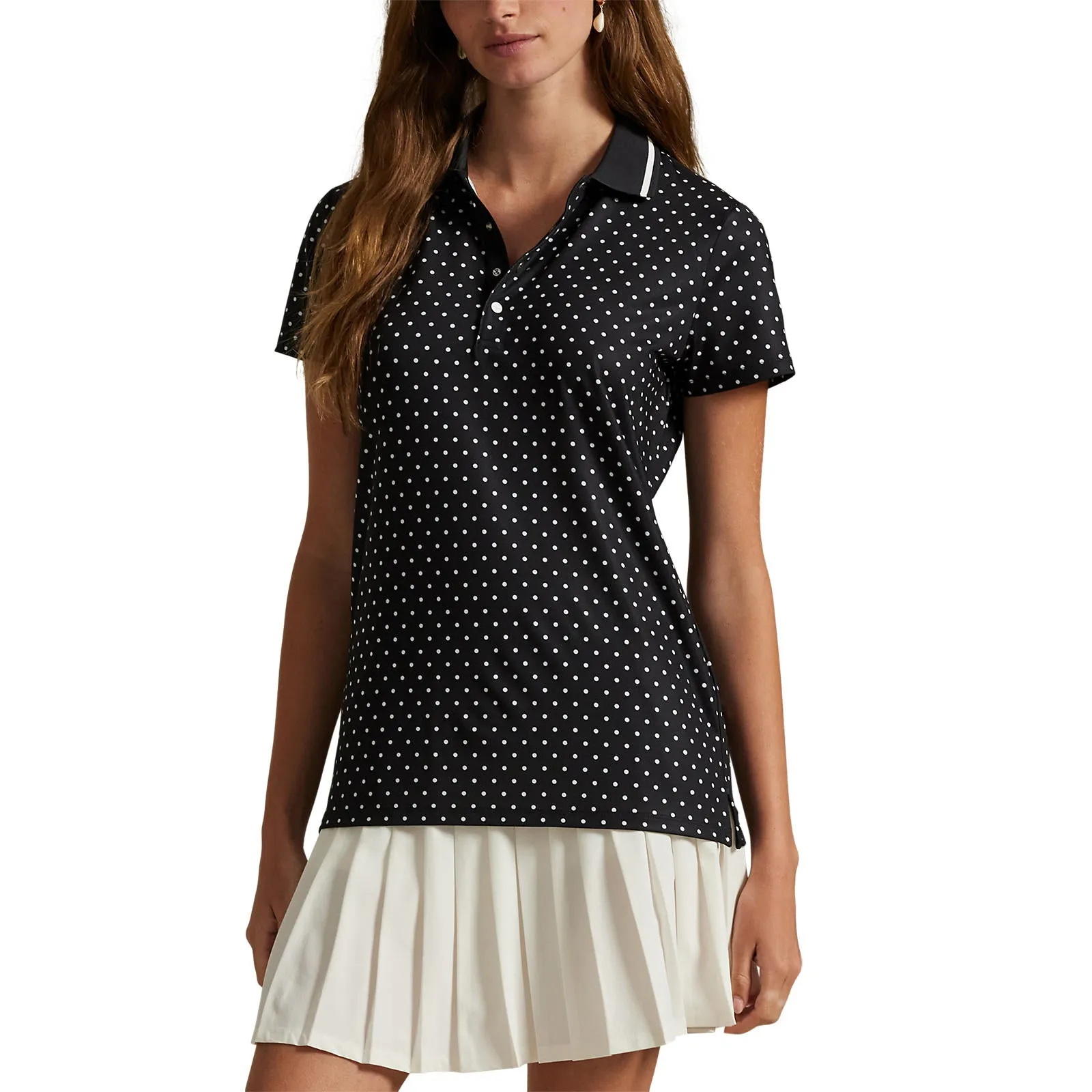 Rlx Ralph Lauren Women'S Printed Lightweight Airflow Golf Shirt - Polo Black Polka Dot Performance Unleashed Hit Your Next Level