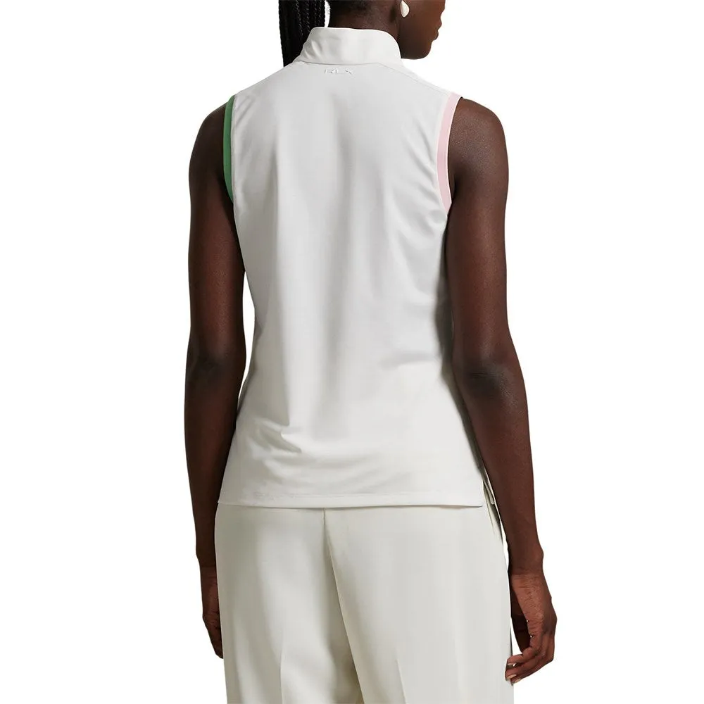 Rlx Ralph Lauren Women'S Tour Pique Sleeveless Mock Neck 1/4 Zip Golf Top - White/Garden Pink/Pistachio Chase What Moves You