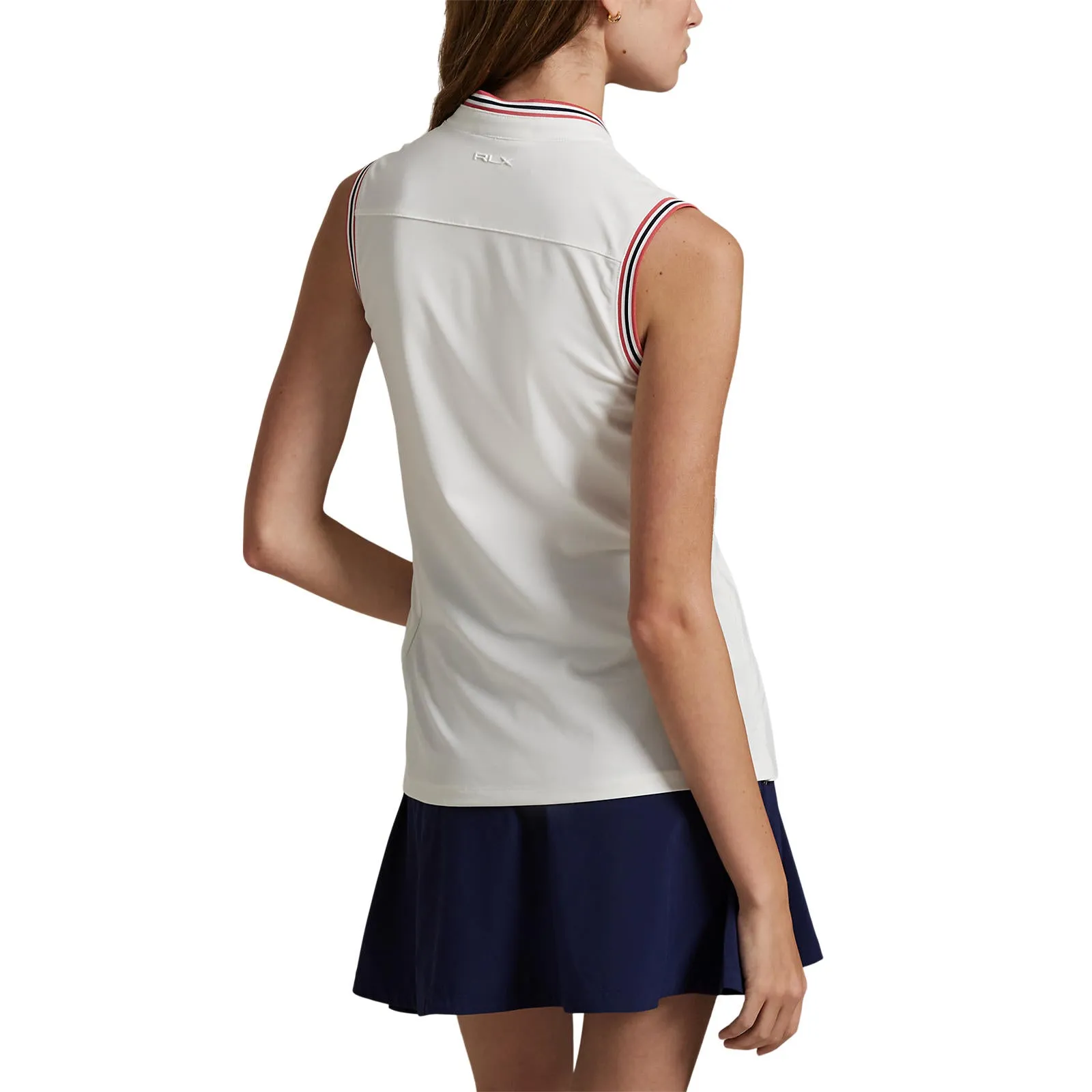 Rlx Ralph Lauren Women'S Tour Pique Sleeveless Stand Collar Polo - White/Sky Red Own the Moment Unleash Your Power