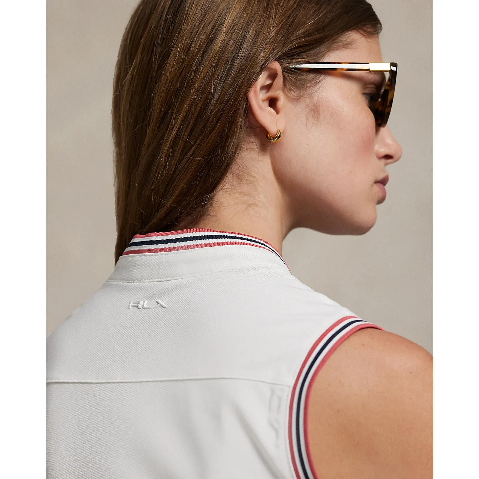 Rlx Ralph Lauren Women'S Tour Pique Sleeveless Stand Collar Polo - White/Sky Red Walk Loud