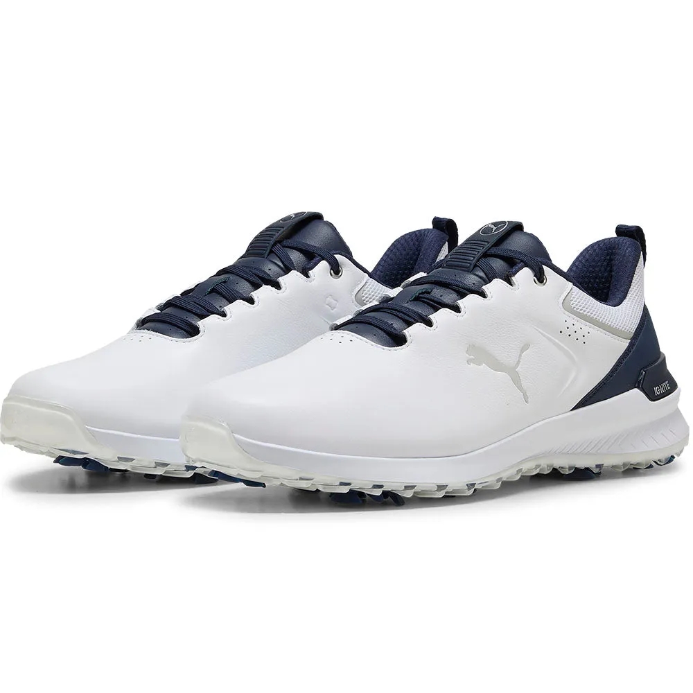 Puma Ignite Innovate Leather Spiked Waterproof Shoes - White/Deep Navy Make a Statement Walk Loud