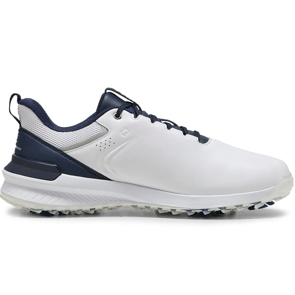 Puma Ignite Innovate Leather Spiked Waterproof Shoes - White/Deep Navy Cyber Monday Sale