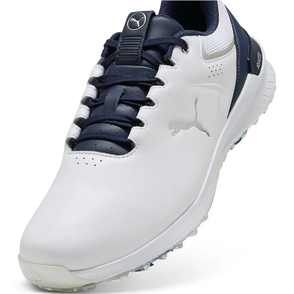 Puma Ignite Innovate Leather Spiked Waterproof Shoes - White/Deep Navy Own Every Step Move Like You Mean It