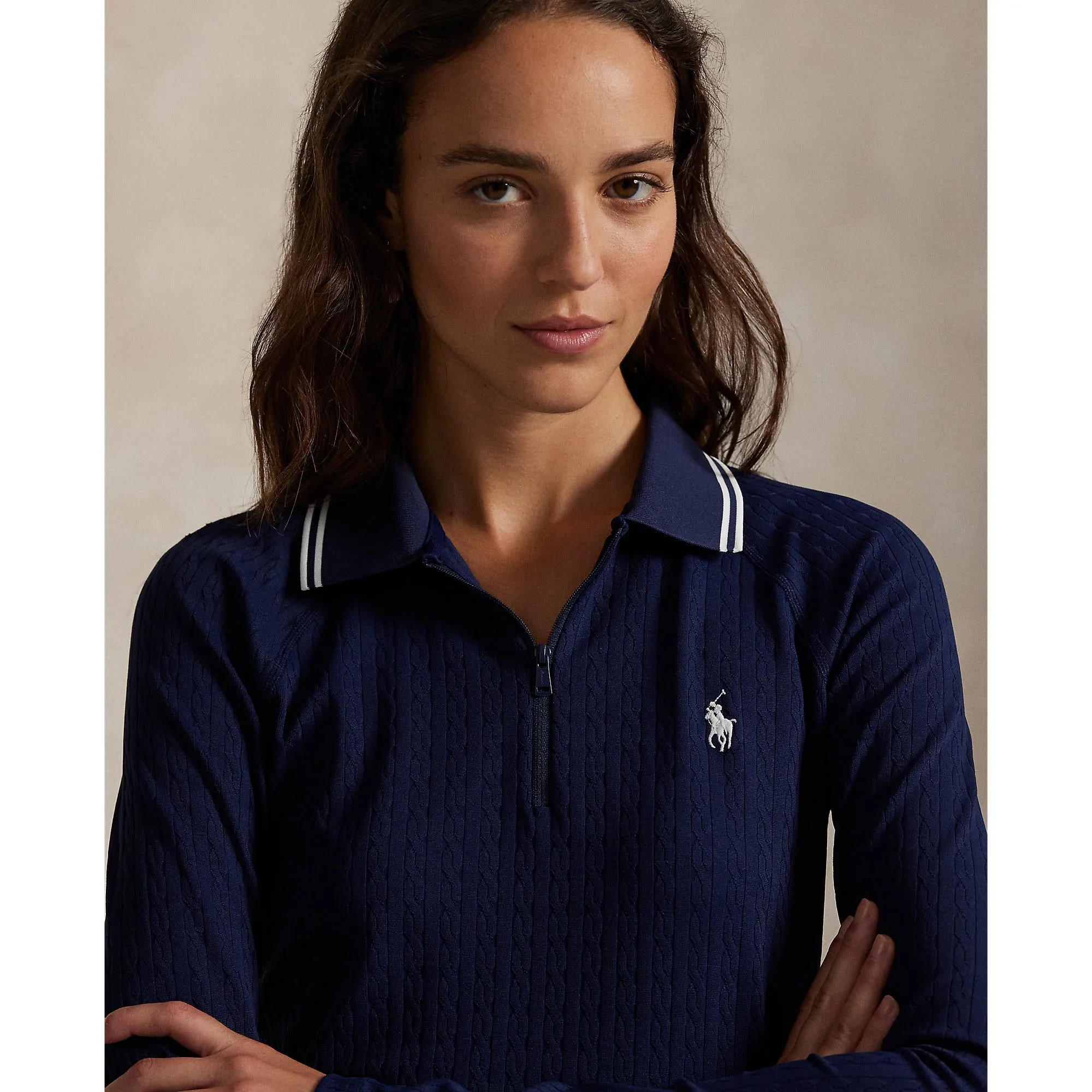 Never Just Walk Rlx Ralph Lauren Women'S Stretch Active Cable Half Zip Pullover - Refined Navy/Ceramic White Multi