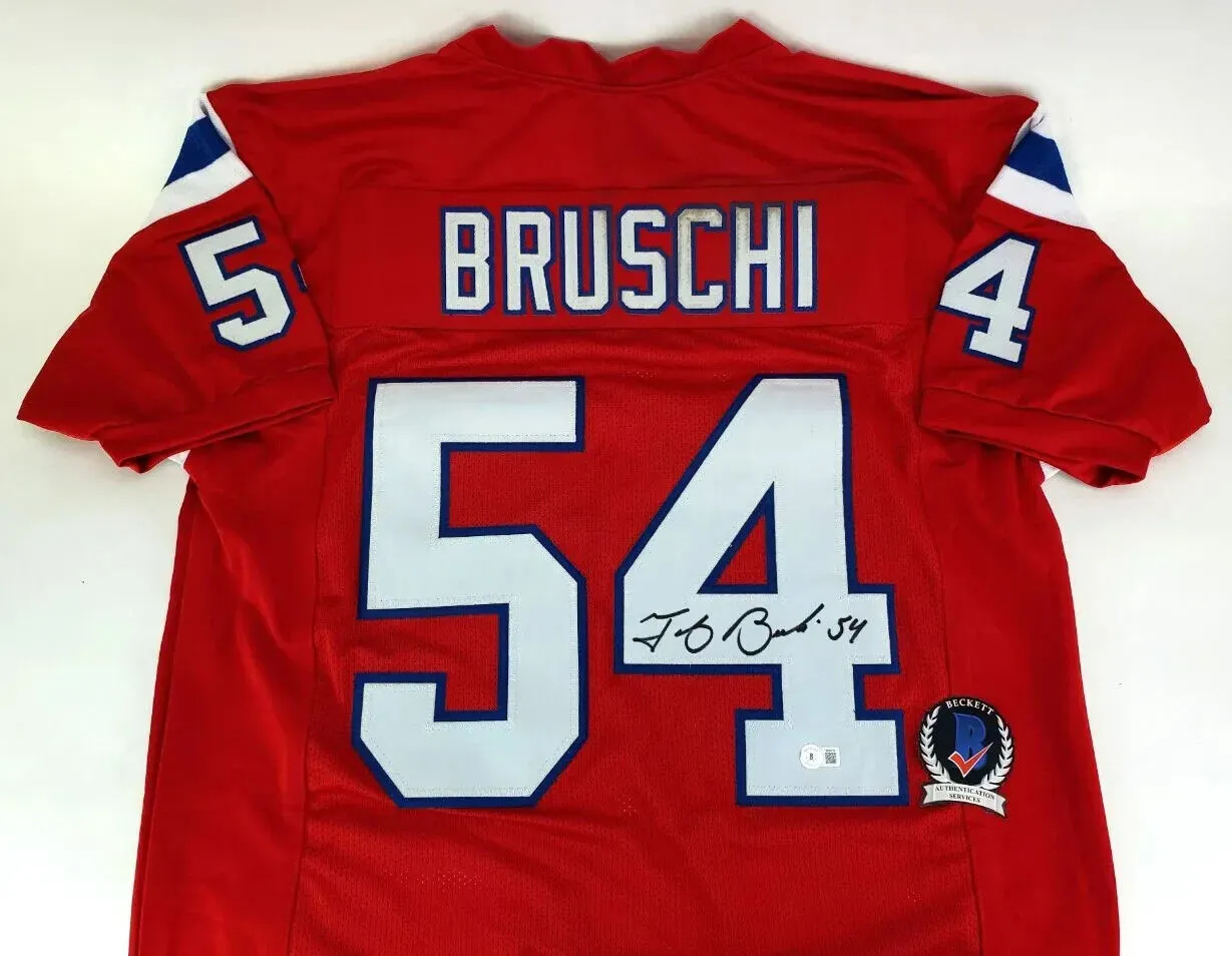 Tedy Bruschi Signed New England Patriots Jersey (Beckett) 3Super Bowl Champions