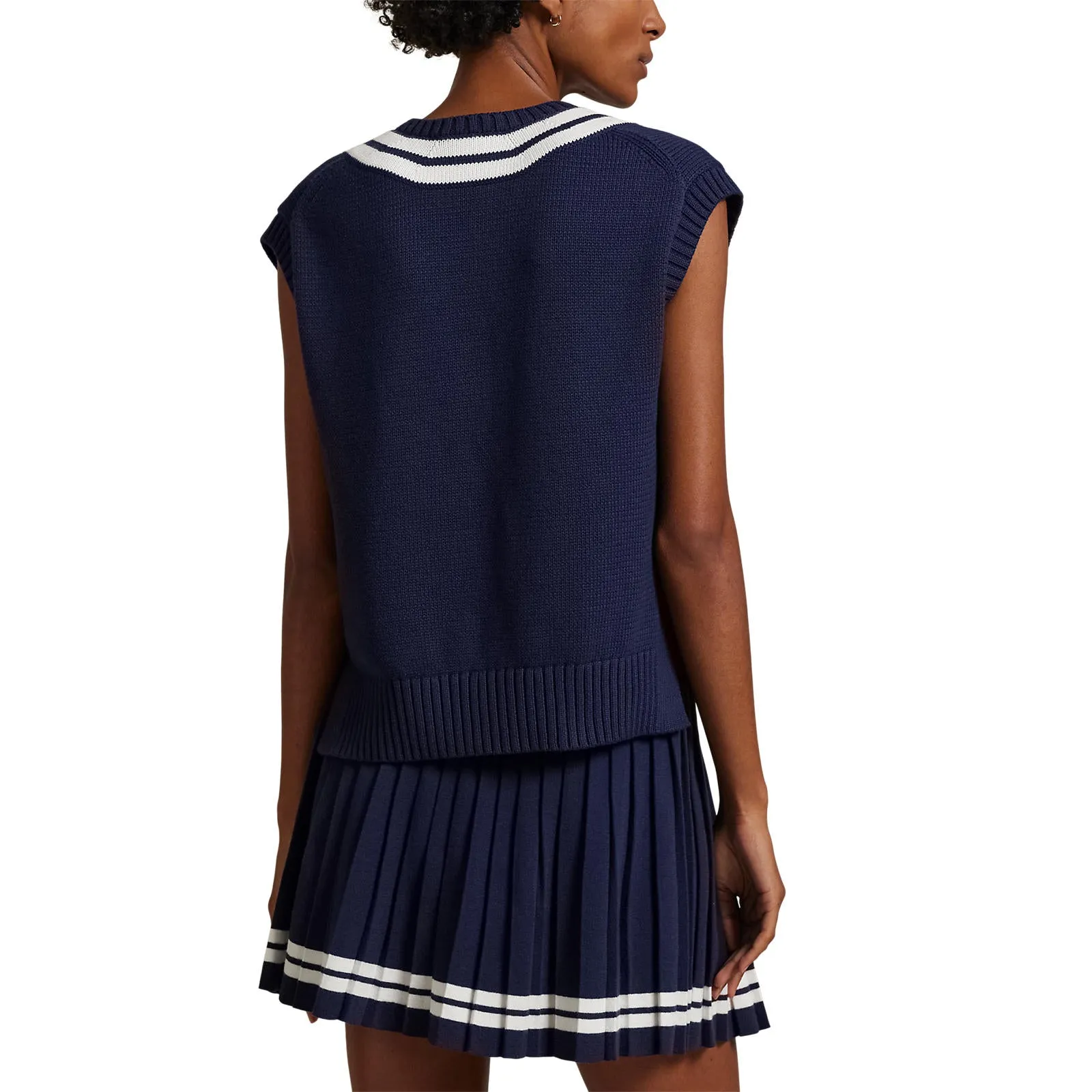 No Limits, Just Style Rlx Ralph Lauren Women'S Cotton V Neck Sleeveless Sweater Vest - Refined Navy/Ceramic White