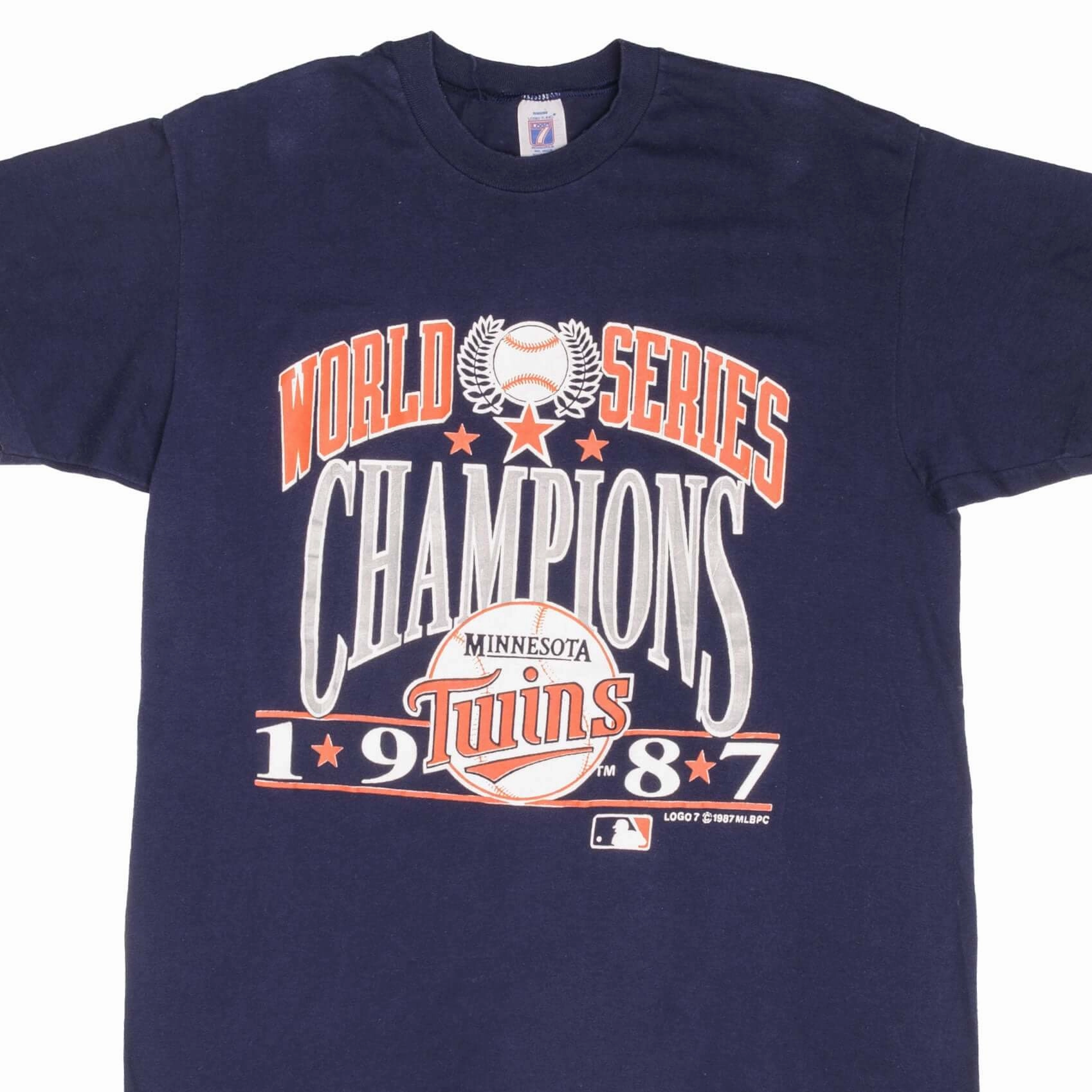 VINTAGE MLB MINNESOTA TWINS WORLD CHAMPIONS 1987 TEE SHIRT SZE LARGE MADE IN USA