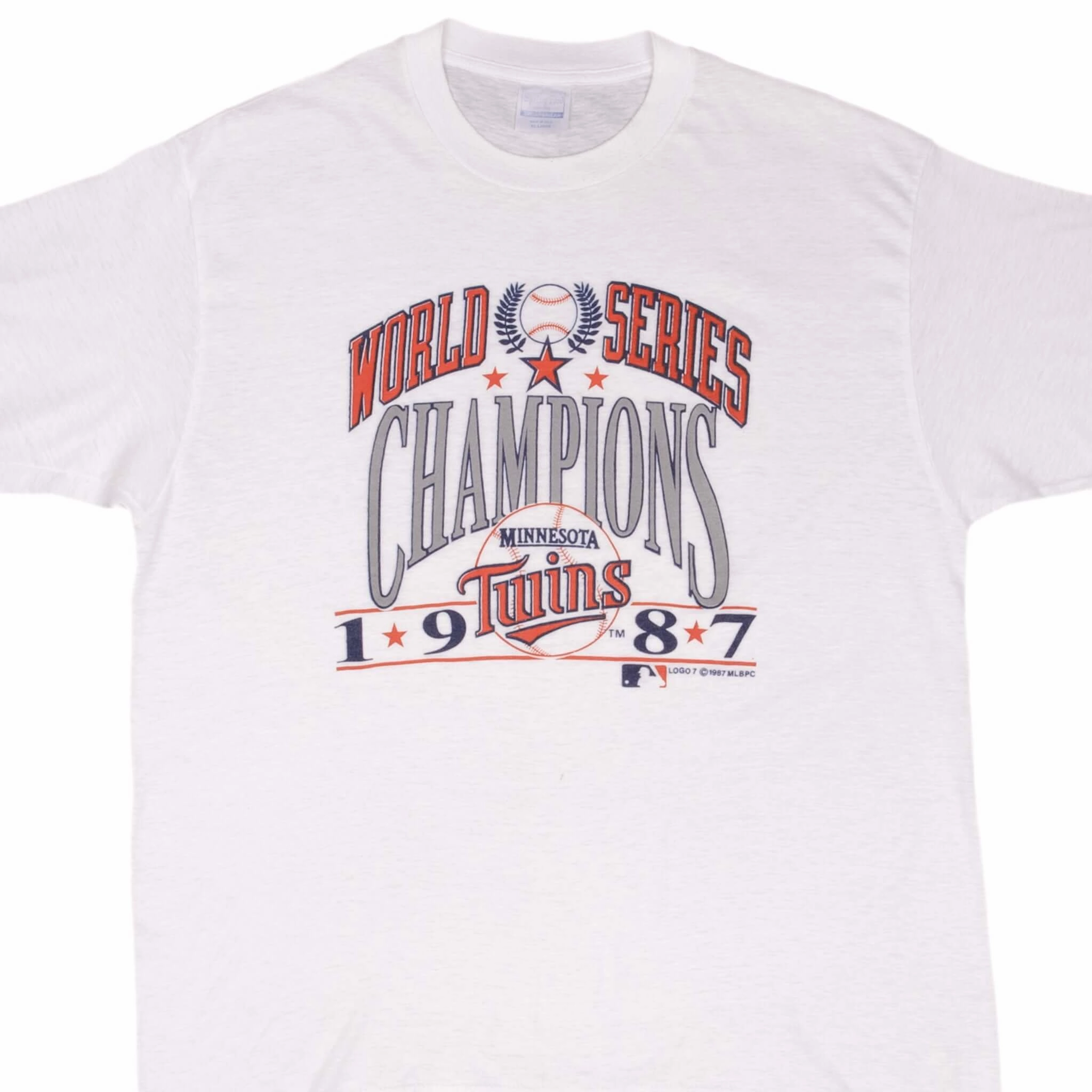 VINTAGE MLB MINNESOTA TWINS WORLD CHAMPIONS 1987 TEE SHIRT SZE LARGE MADE IN USA